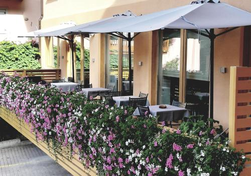 a patio area with umbrellas and flowers at Hotel Paganella in Molveno