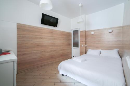 1 dormitorio con 1 cama y TV en la pared en Міні-Smart економ квартира в центрі для пари-3 хв до Оперного Театру en Leópolis