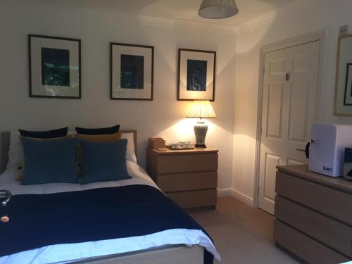 Un dormitorio con una cama y una lámpara en un tocador en Garden Room, en Wallingford