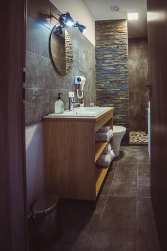 a bathroom with a sink and a toilet and a mirror at TimHouse in Timişoara
