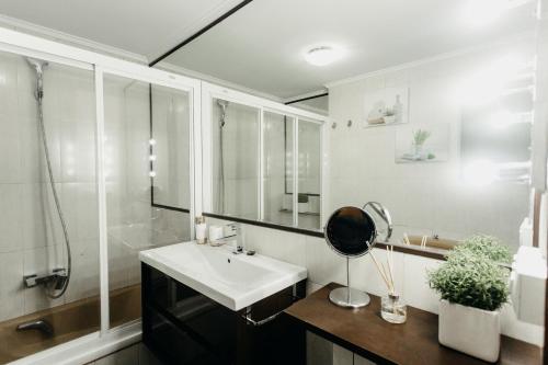 a bathroom with a sink and a shower and a mirror at Ubicación excelente cerca de Centro Azkuna in Bilbao