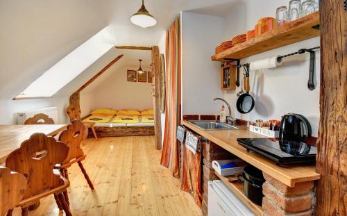 a kitchen with a sink and a table in a room at Apartmán u Brány in Prachatice