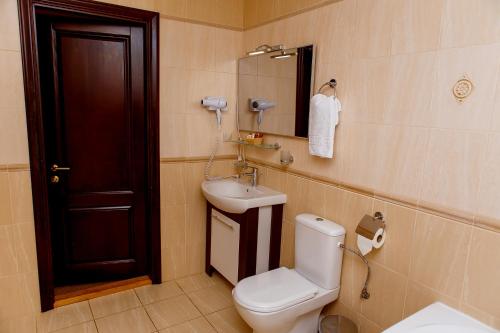 a bathroom with a toilet and a sink and a mirror at Галицька Корона in Lviv