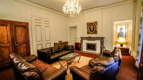 a living room with leather furniture and a chandelier at Private Castle with Park - Château Guillermo in La Moncelle