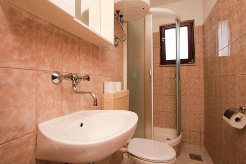 a bathroom with a sink and a toilet at Robinson Merlot in Bogomolje
