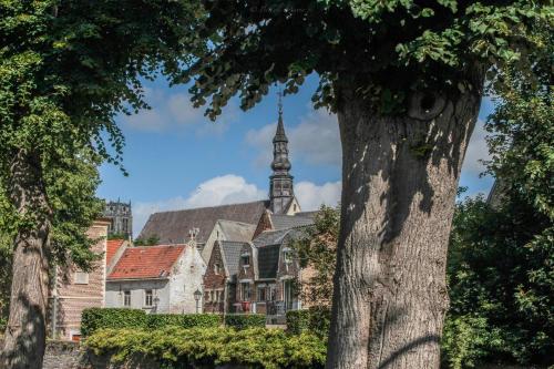 a church with a steeple in the background with trees at Het Begijnhof Tongeren Center in Tongeren