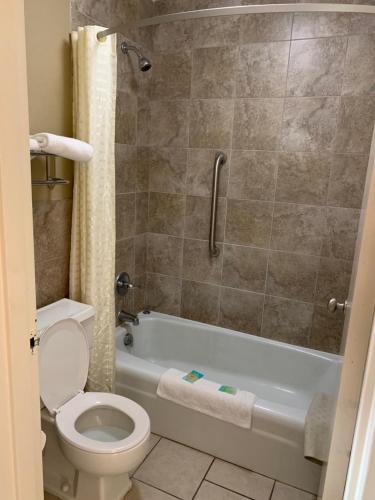 a bathroom with a toilet and a tub and a sink at Relax Inn Heth in Shell Lake