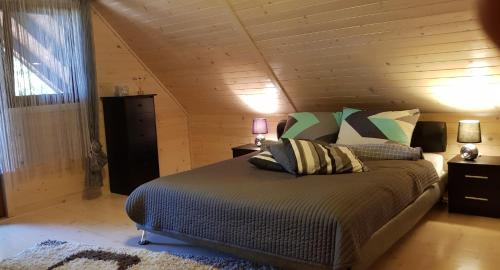 a bedroom with a large bed in a attic at Domek na Cichej Leśniewo in Leśniewo