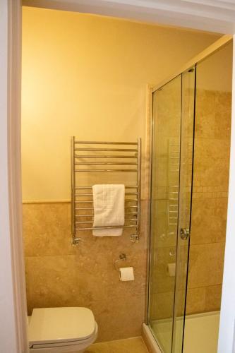 a bathroom with a shower and a toilet and a towel at The Old Hunting Lodge at The Talbot Inn in Tenbury