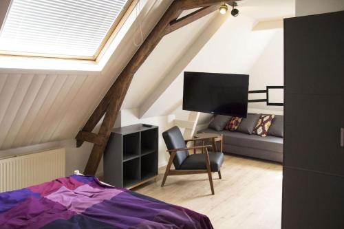 a attic room with a couch and a tv at Miriam's Suite Amsterdam in Amsterdam