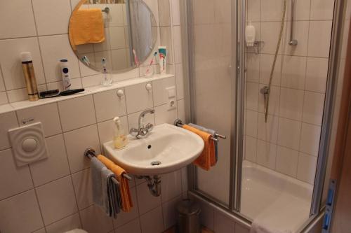 a bathroom with a sink and a shower at Appartements Pension Hammerschmied in Lam