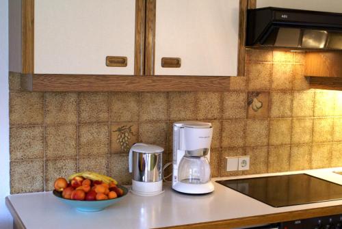 a kitchen counter with a bowl of fruit and a blender at Ferienwohnungen Drexel in Elbigenalp