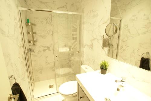 Luxury Apartment in Historic Center في مدريد: حمام مع دش ومرحاض ومغسلة