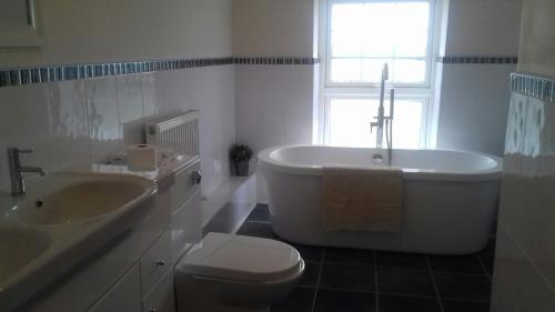 ein Badezimmer mit einer Badewanne, einem WC und einem Waschbecken in der Unterkunft Hamsteels Hall Cottages in Langley Park