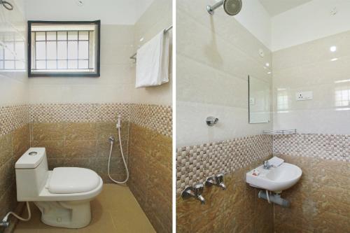 - deux photos d'une salle de bains avec toilettes et lavabo dans l'établissement Viswa Service Apartment, à Madurai