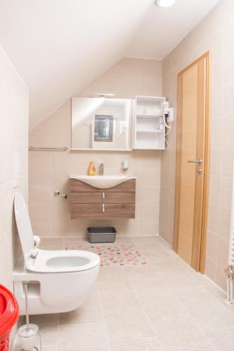a bathroom with a white toilet and a sink at Villa San in Jahorina