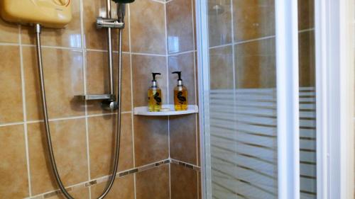 baño con ducha y 2 botellas en estanterías en Marmalade Bed & Breakfast, en Torquay