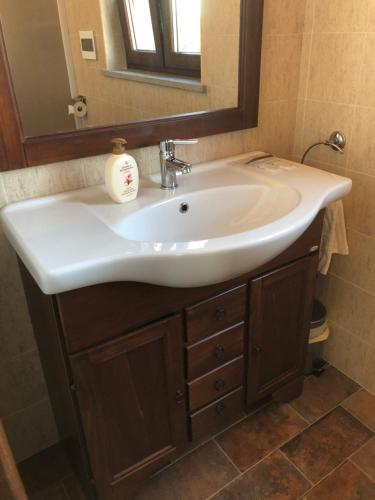a bathroom with a white sink and a mirror at Le case di Nonna Gina in Capranica
