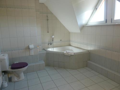 uma casa de banho com uma banheira, um WC e um lavatório. em Les cerisiers em Bernardswiller