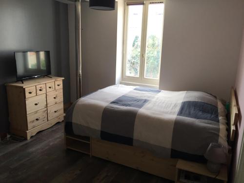 um quarto com uma cama, uma televisão e uma janela em Le Petit Nid Cosy em Esnandes