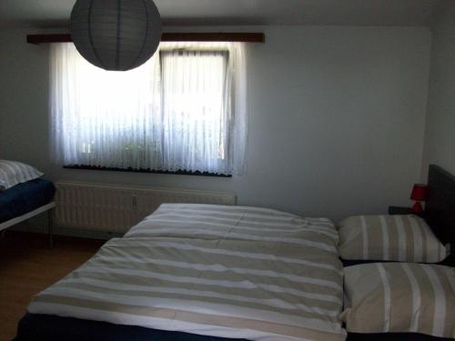a bedroom with a large bed and a window at Eifel Lodge in Butgenbach