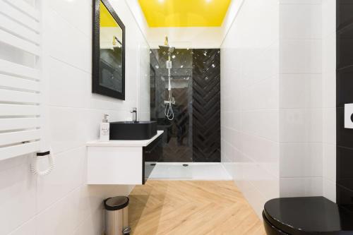 a bathroom with a black toilet and a sink at Apartament przy Parku Krakowskim in Kraków