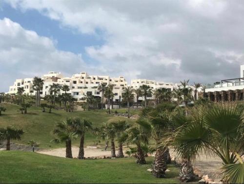 a large white building with palm trees in the foreground at Monika Playa Macenas Mojacar in Mojácar