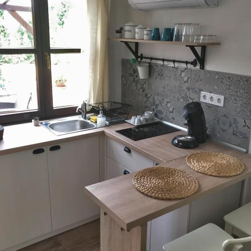 a kitchen with a sink and a counter top at Aranypart Apartmanházak Tiszakécske in Tiszakécske