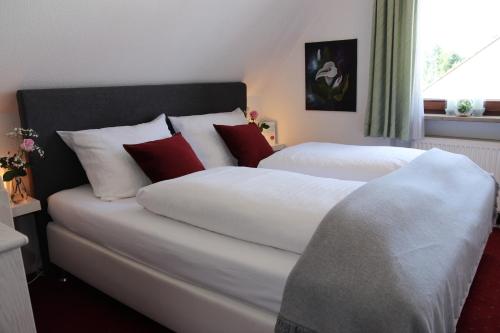 1 dormitorio con 2 camas y almohadas rojas y blancas en Hotel Daucher en Núremberg
