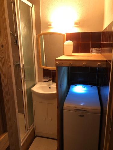 une petite salle de bain avec un lavabo et un miroir dans l'établissement Studio Monêtier-les-Bains (Serre Chevalier), au Monêtier-les-Bains
