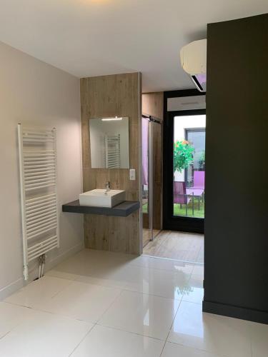 une salle de bain avec un lavabo et un miroir dans l'établissement Villa D'Aÿ-Champagne, à Épernay