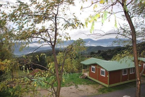 a small red cabin with a green roof at Domaine Plein Sud in Bruzac
