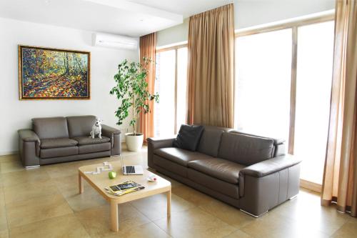 a living room with two leather couches and a coffee table at Ami Residence in Druskininkai