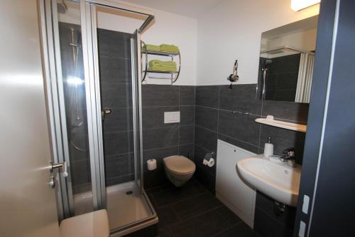 a bathroom with a shower and a toilet and a sink at Pension-Maustmühle in Peitz