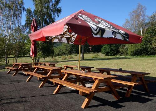 un grupo de mesas de picnic con una sombrilla grande en Penzion nad Halou, en Lázně Kynžvart