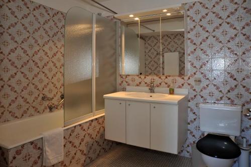 a bathroom with a sink and a shower and a toilet at Résidence Mont-Parrain in La Tzoumaz