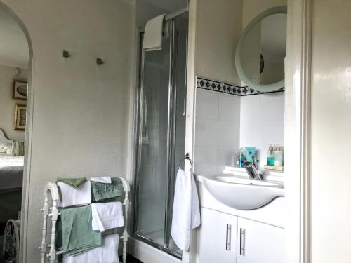 a bathroom with a sink and a shower at Holly House B&B in Sittingbourne