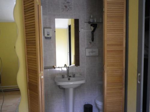 ein Badezimmer mit Waschbecken und Spiegel in der Unterkunft Hotel Ermitage du Moulin Labotte in Haybes