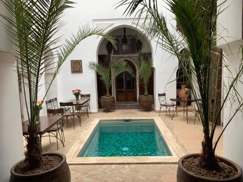馬拉喀什的住宿－里亞德諾拉酒店，庭院里的一个游泳池,有两棵植物