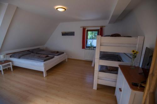 a bedroom with two bunk beds and a desk at Penzion Kryštof in Kovářská
