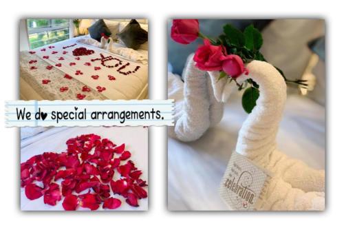 two pictures of a wedding with roses and a cake at Avida Condo near NAIA in Manila