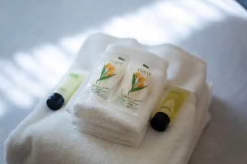 Victor的住宿－維克多酒店，毛巾上贴上两瓶肥皂