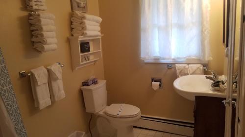 La salle de bains est pourvue de toilettes et d'un lavabo. dans l'établissement Highland Lake Resort, à Bridgton