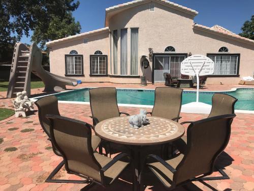 a cat sitting on a table in front of a house at paradise luxury experience in Woodland Hills