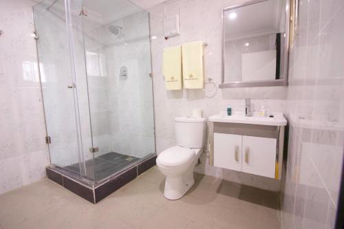 a bathroom with a shower and a toilet and a sink at Galpin Suites in Ikeja