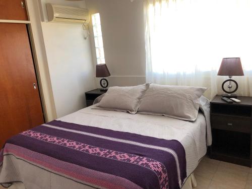 ein Schlafzimmer mit einem großen Bett mit Fenster in der Unterkunft Saint Michel Departamentos para turismo in Alta Gracia