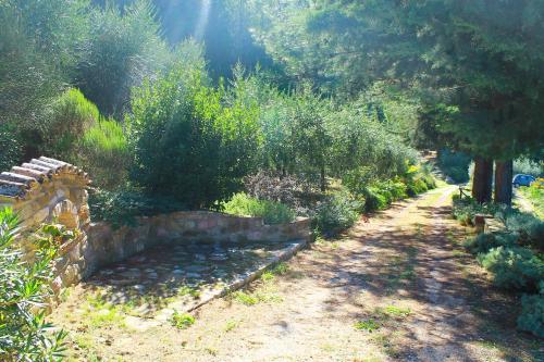 a garden with trees and a stone wall at Antica Fonte in Assisi