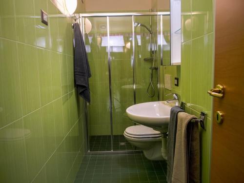 a green bathroom with a toilet and a shower at Residence Pedranzini in Bormio