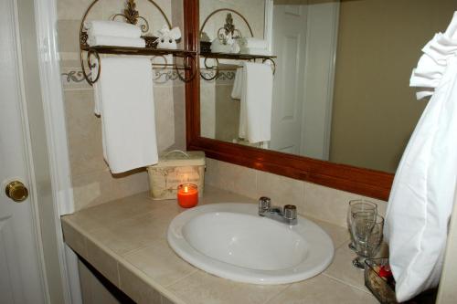 a bathroom with a sink and a mirror and a candle at El Dorado Inn in Delicias