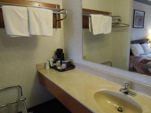 a bathroom with a sink and a mirror and a bed at Americas Inn Bardstown in Bardstown
